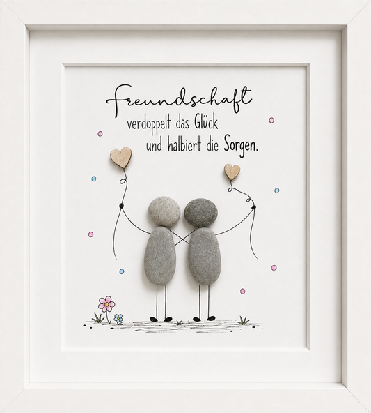 Kieselsteinbild Freundschaft verdoppelt das Glück und halbiert die Sorgen, Freundschaftsgeschenk, handgemachtes Steinbild