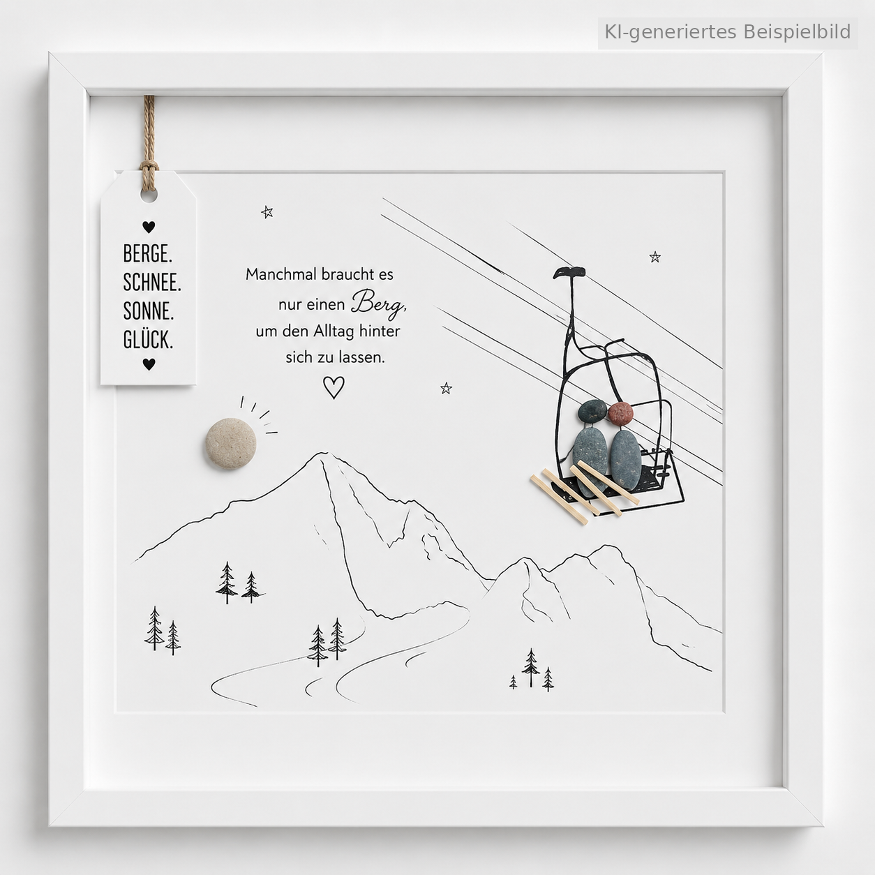 Kieselsteinbild Berge Schnee Sonne Glueck, Freundschaftsgeschenk, handgemachtes Steinbild
