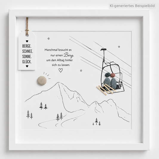 Kieselsteinbild Berge Schnee Sonne Glueck, Freundschaftsgeschenk, handgemachtes Steinbild