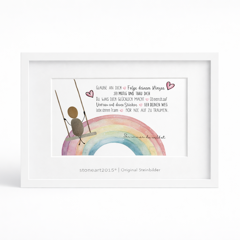 Handgefertigtes Steinbild mit dem Spruch „Glaube an dich“ – motivierendes Geschenk zur Ermutigung und für neue Wege.
