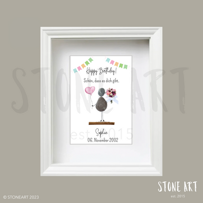 Handgefertigtes Steinbild mit Spruch „Happy Birthday – Schön, dass es dich gibt“ – liebevolles Geburtstagsgeschenk mit Natursteinen.