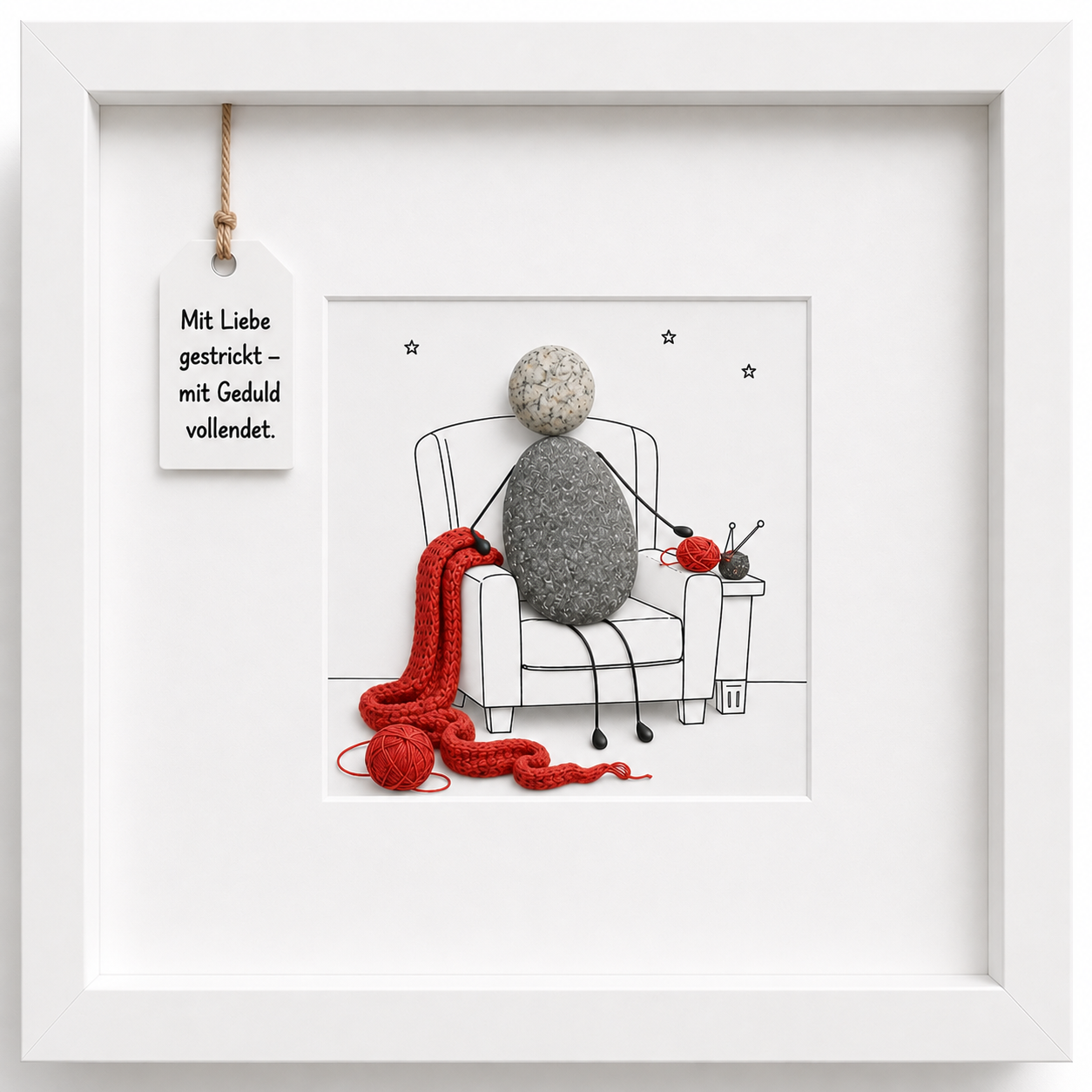 Kieselsteinbild Mit Liebe gestrickt mit Geduld vollendet, handgemachtes Steinbild