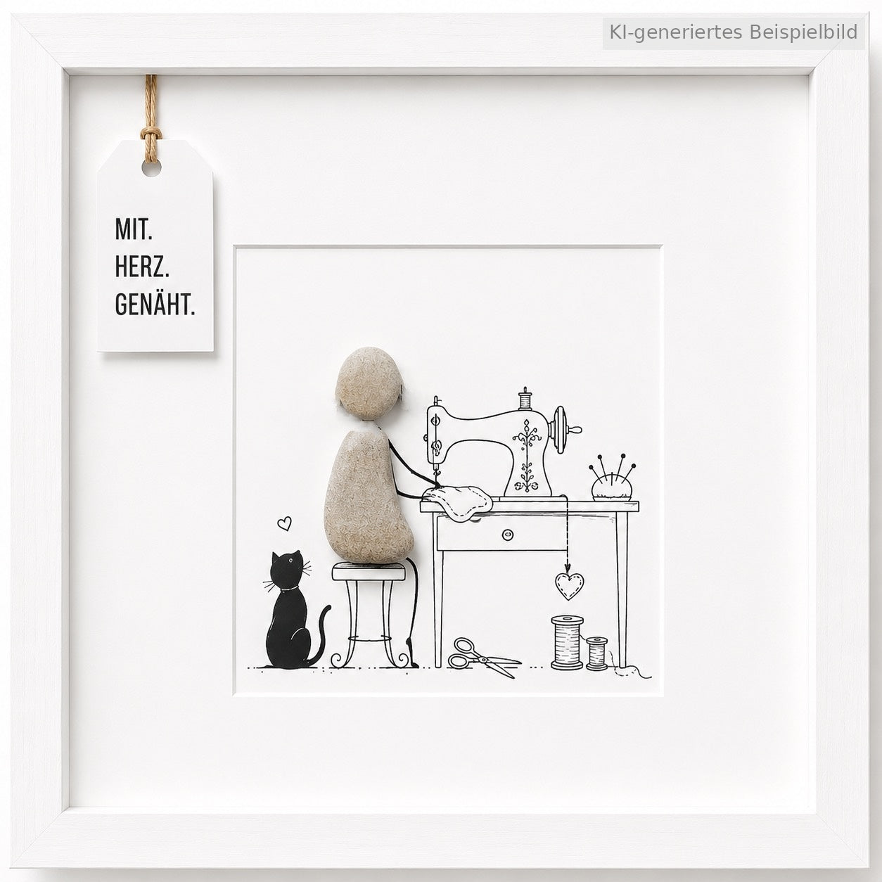 Kieselsteinbild Mit Herz genäht, handgemachtes Steinbild