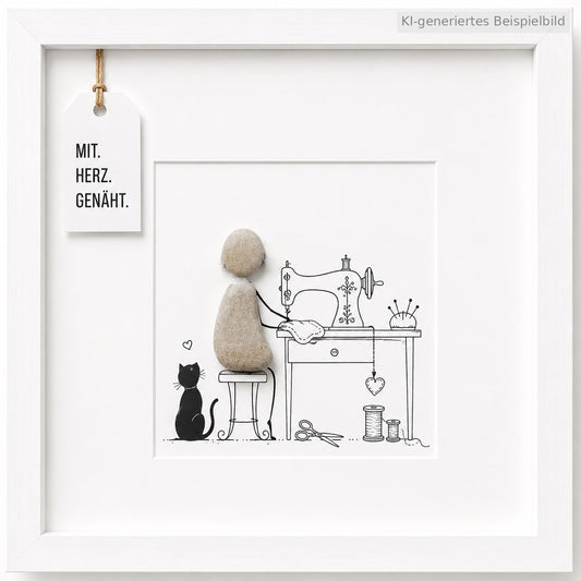Kieselsteinbild Mit Herz genäht, handgemachtes Steinbild