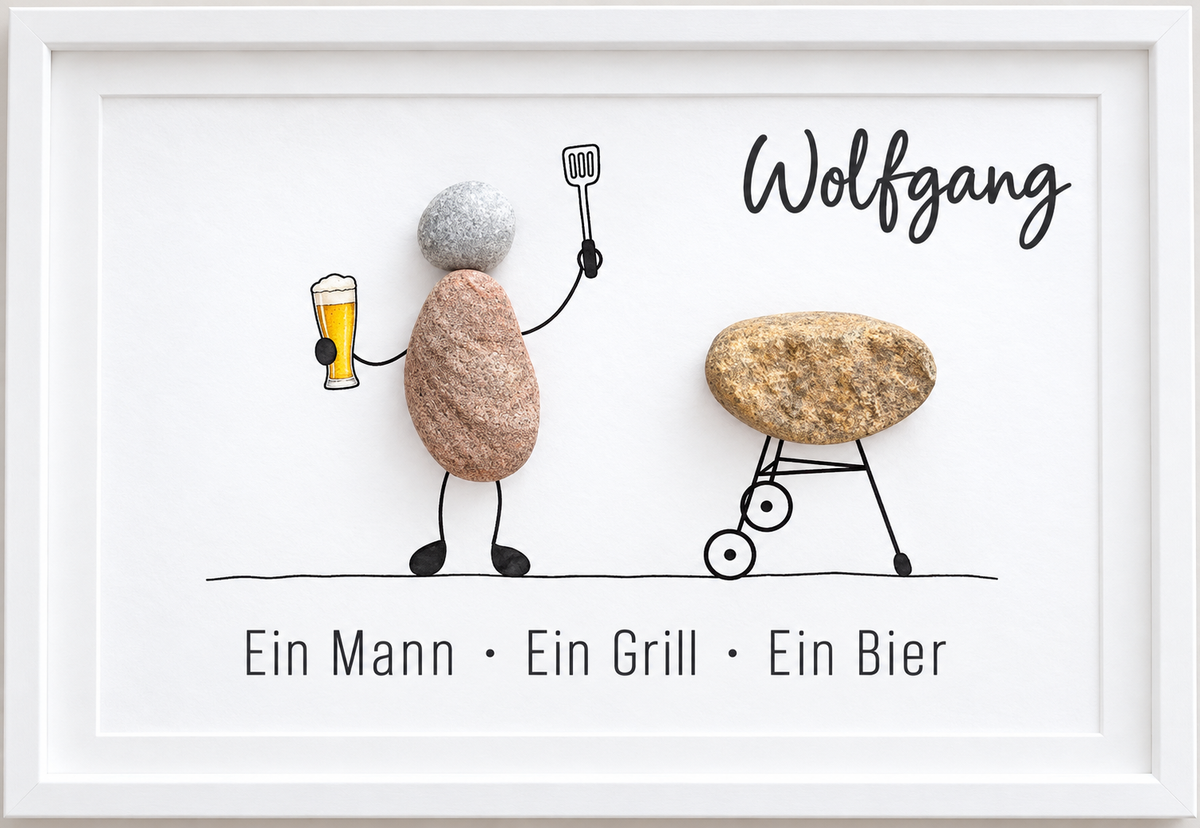 Kieselsteinbild Ein Mann, ein Grill, ein Bier – Geburtstagsgeschenk, handgemachtes Steinbild