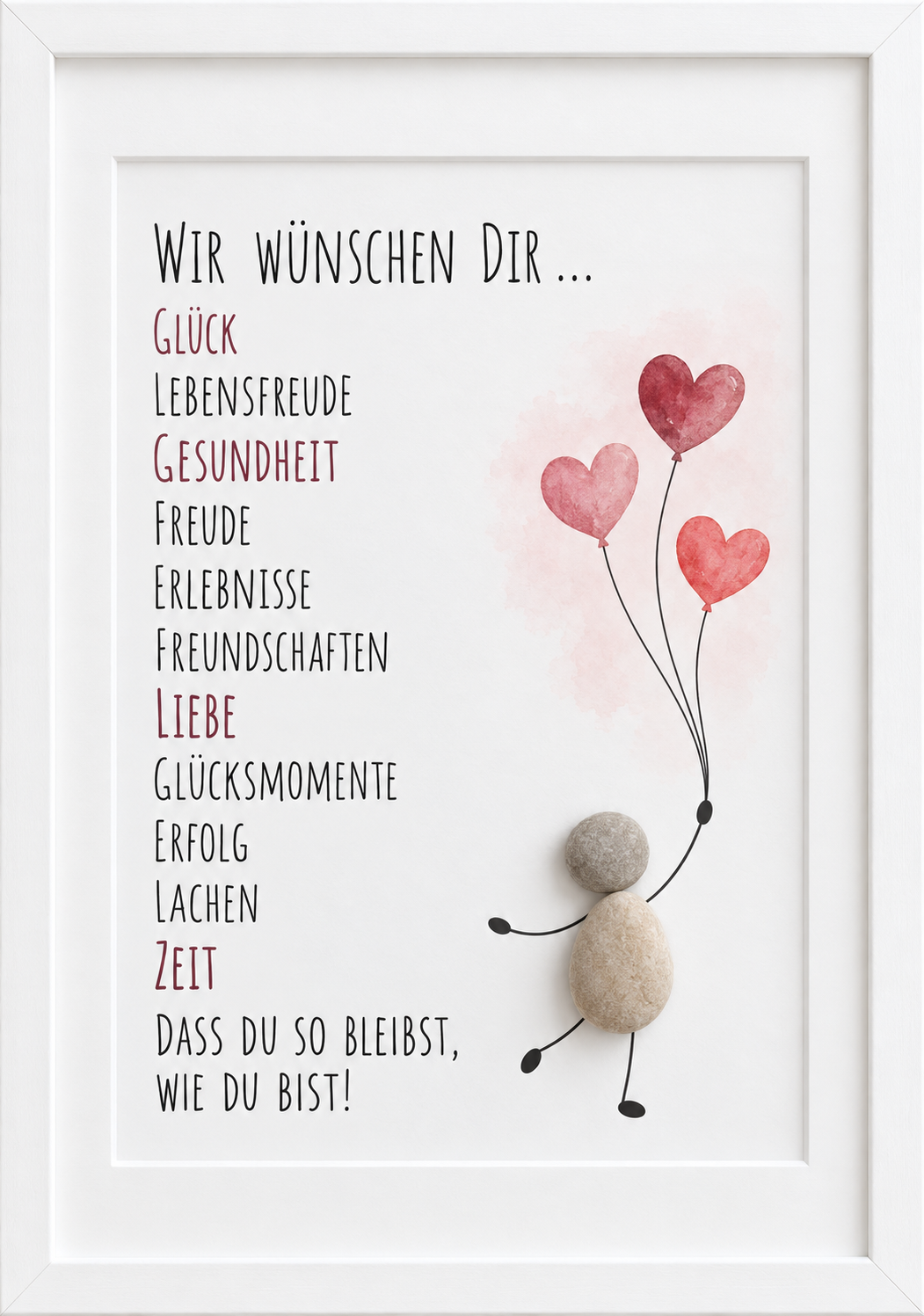 Kieselsteinbild Wir wünschen Dir Glück, Lebensfreude, Gesundheit – Geburtstagsgeschenk, handgemachtes Steinbild