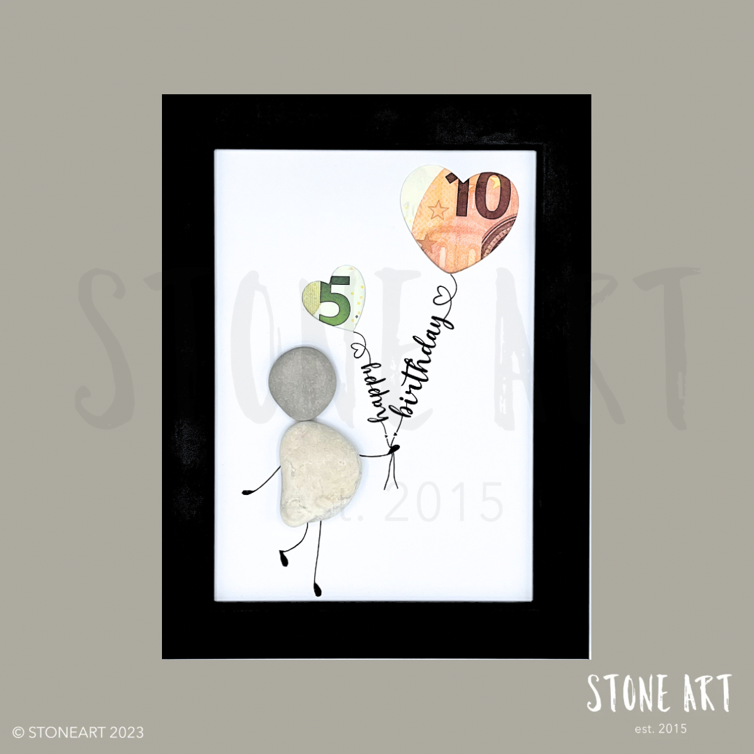 Handgemachtes Steinbild Happy Birthday mit Einsteckfach – Geldgeschenk zum Selbst-Befüllen