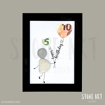 Handgemachtes Steinbild Happy Birthday mit Einsteckfach – Geldgeschenk zum Selbst-Befüllen