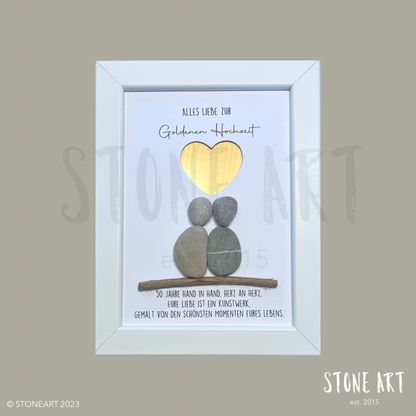 Handgemachtes Steinbild zur Goldenen Hochzeit – 50. Hochzeitstag, perfekt geeignet als Geldgeschenk zur Hochzeit, gefertigt aus Naturmaterialien und Holzrahmen.