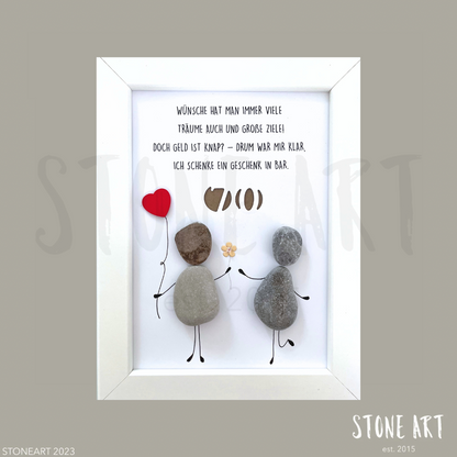 Handgemachtes Steinbild mit dem Spruch „Wünsche hat man immer viele“ – liebevolles Geburtstagsgeschenk mit personalisierbarer Zahl.