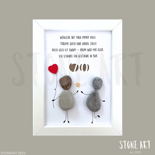 Steinbild „Wünsche hat man immer viele" – Geldgeschenk mit Geburtstagszahl, Kieselsteine handgemacht