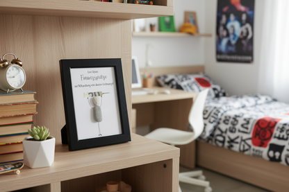 Steinbild Finanzspritze gerahmt im Wohnzimmer – handgemachtes kreatives Geldgeschenk