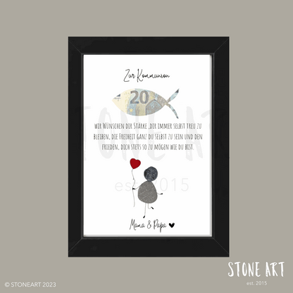 GELD14-Steinbild Kommunion Fisch Geldgeschenk schwarzer Rahmen