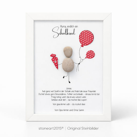 Handgefertigtes Steinbild zur Einschulung mit Schriftzug „Hurra, endlich Schulkind“ – kreative Geschenkidee inklusive Aussparung für Geldscheine