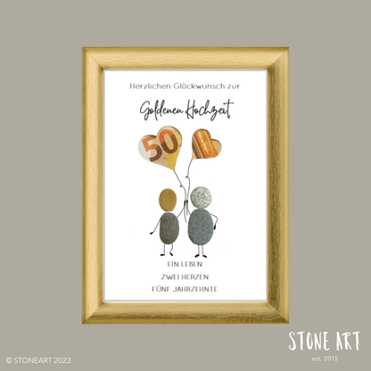 Steinbild Goldene Hochzeit mit zwei Herzen – handgemachtes Geldgeschenk zum 50. Ehejubiläum