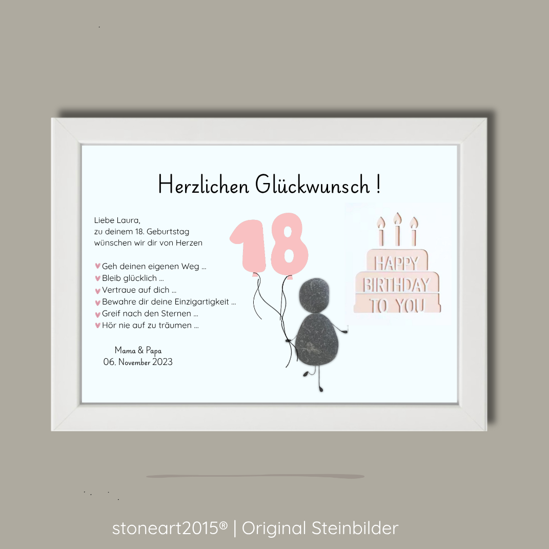 Personalisiertes Kieselsteinbild zum 18. Geburtstag Mädchen mit rosa Torte, Ballons und Steinmännchen als Geldgeschenk