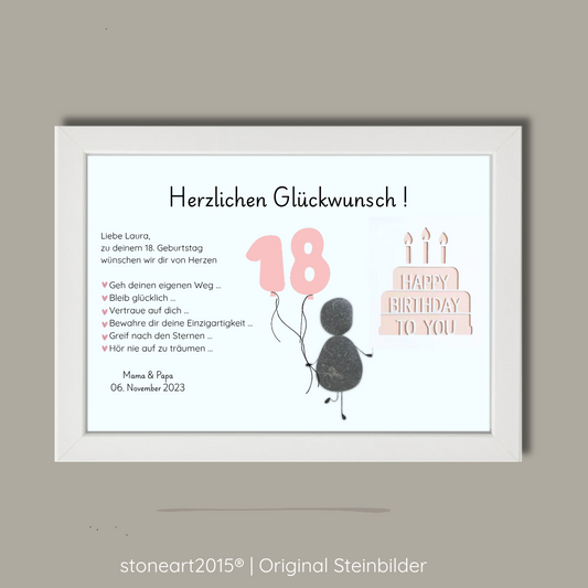 Personalisiertes Kieselsteinbild zum 18. Geburtstag Mädchen mit rosa Torte, Ballons und Steinmännchen als Geldgeschenk