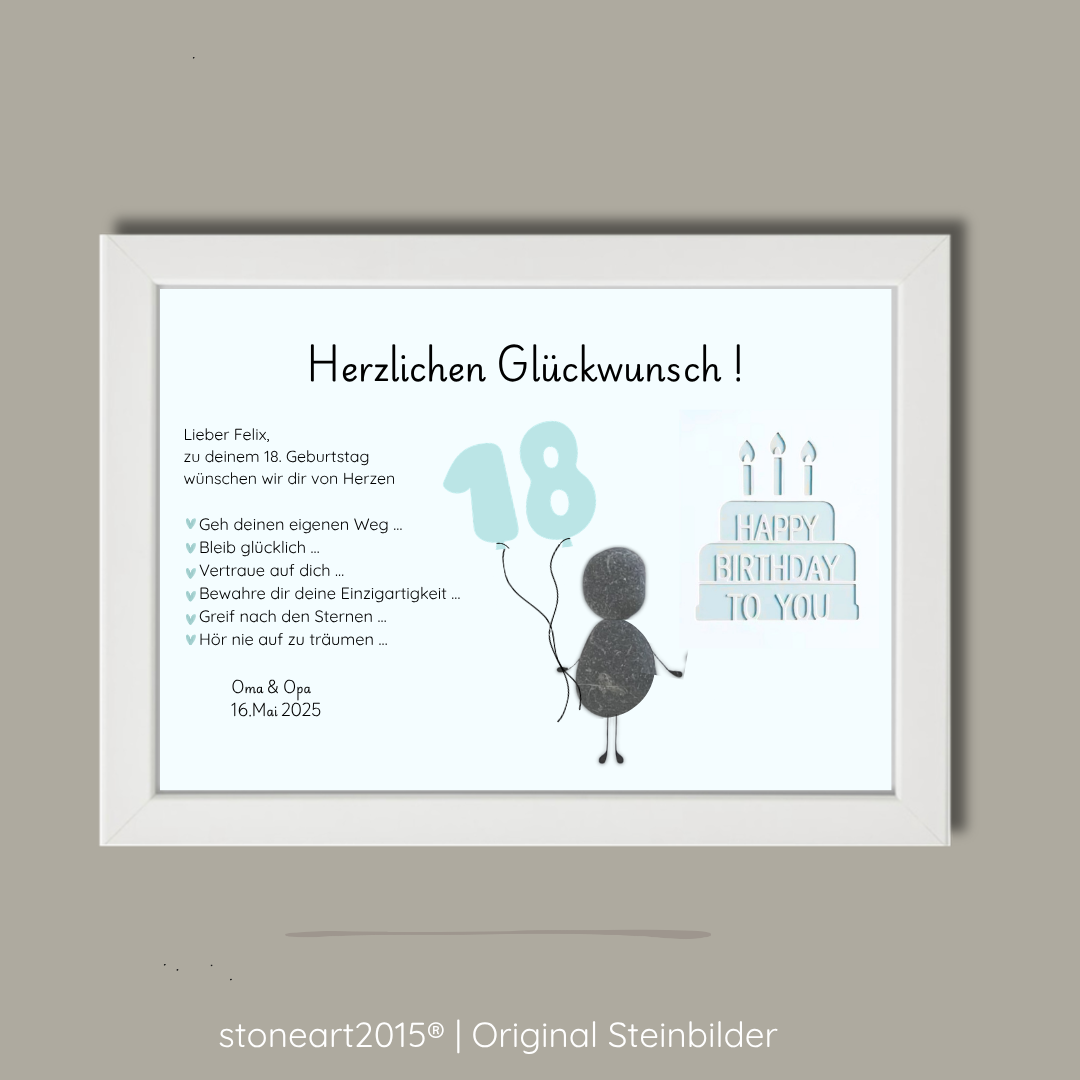 Personalisiertes Kieselsteinbild als Geldgeschenk zum Geburtstag Junge mit hellblauer Torte, Ballons und Steinmännchen, Jahreszahl wählbar