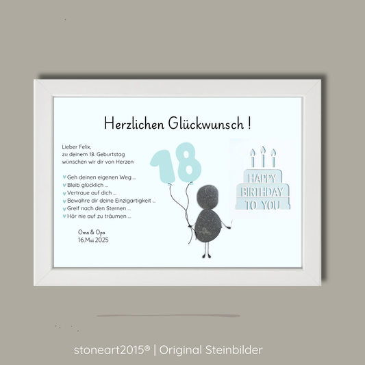 Personalisiertes Kieselsteinbild als Geldgeschenk zum Geburtstag Junge mit hellblauer Torte, Ballons und Steinmännchen, Jahreszahl wählbar