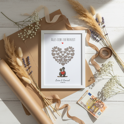 Personalisiertes Kieselsteinbild zur Hochzeit mit Steinpaar rotem Herz und Herzwolke als Geldgeschenk für Brautpaar