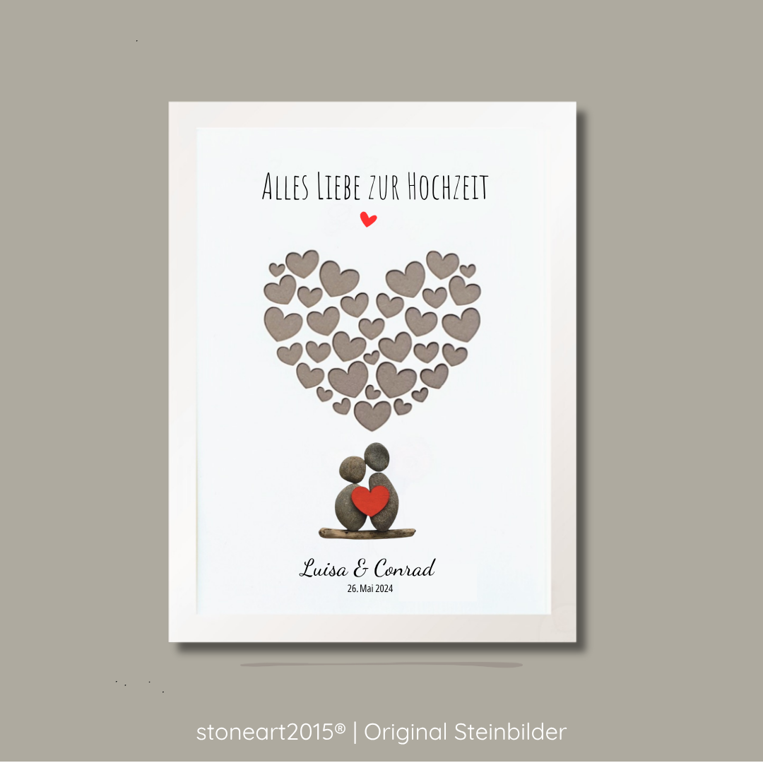Personalisiertes Kieselsteinbild zur Hochzeit mit Steinpaar rotem Herz und Herzwolke als Geldgeschenk für Brautpaar