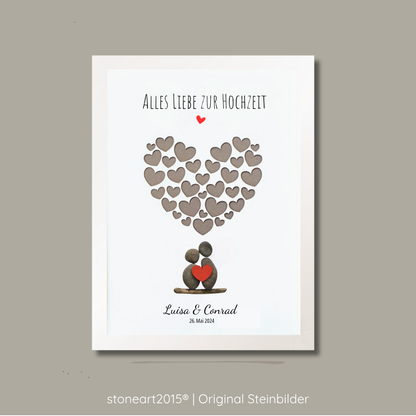 Personalisiertes Kieselsteinbild zur Hochzeit mit Steinpaar rotem Herz und Herzwolke als Geldgeschenk für Brautpaar