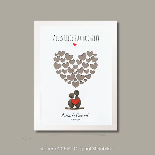 Personalisiertes Kieselsteinbild zur Hochzeit mit Steinpaar rotem Herz und Herzwolke als Geldgeschenk für Brautpaar