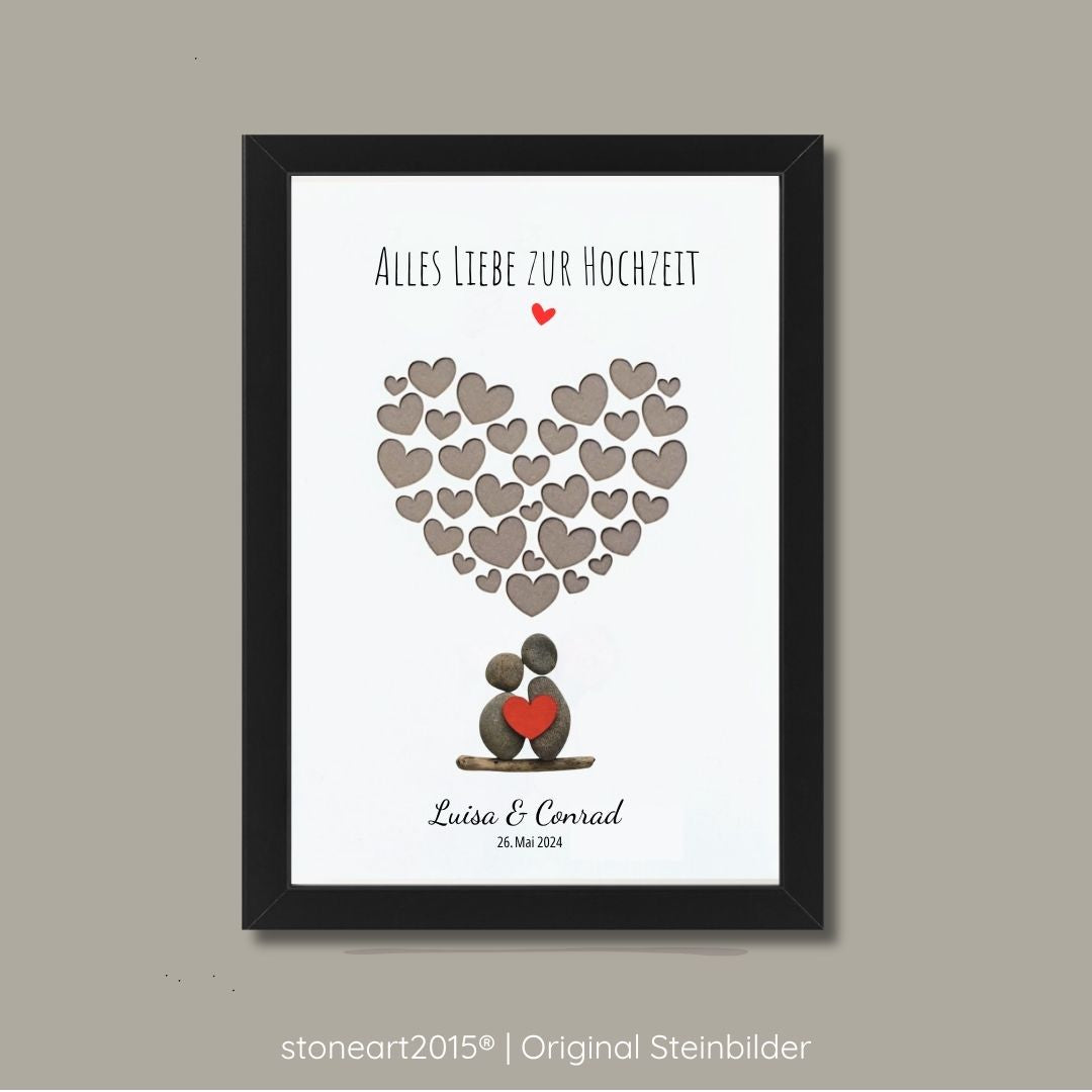 Personalisiertes Kieselsteinbild zur Hochzeit mit Steinpaar rotem Herz und Herzwolke als Geldgeschenk für Brautpaar