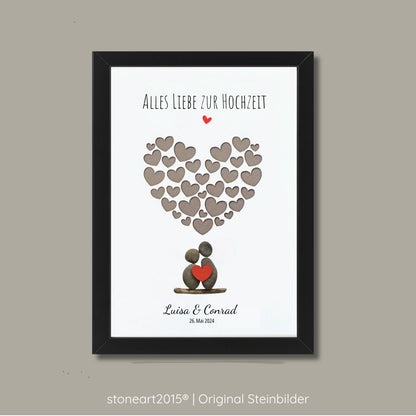 Personalisiertes Kieselsteinbild zur Hochzeit mit Steinpaar rotem Herz und Herzwolke als Geldgeschenk für Brautpaar