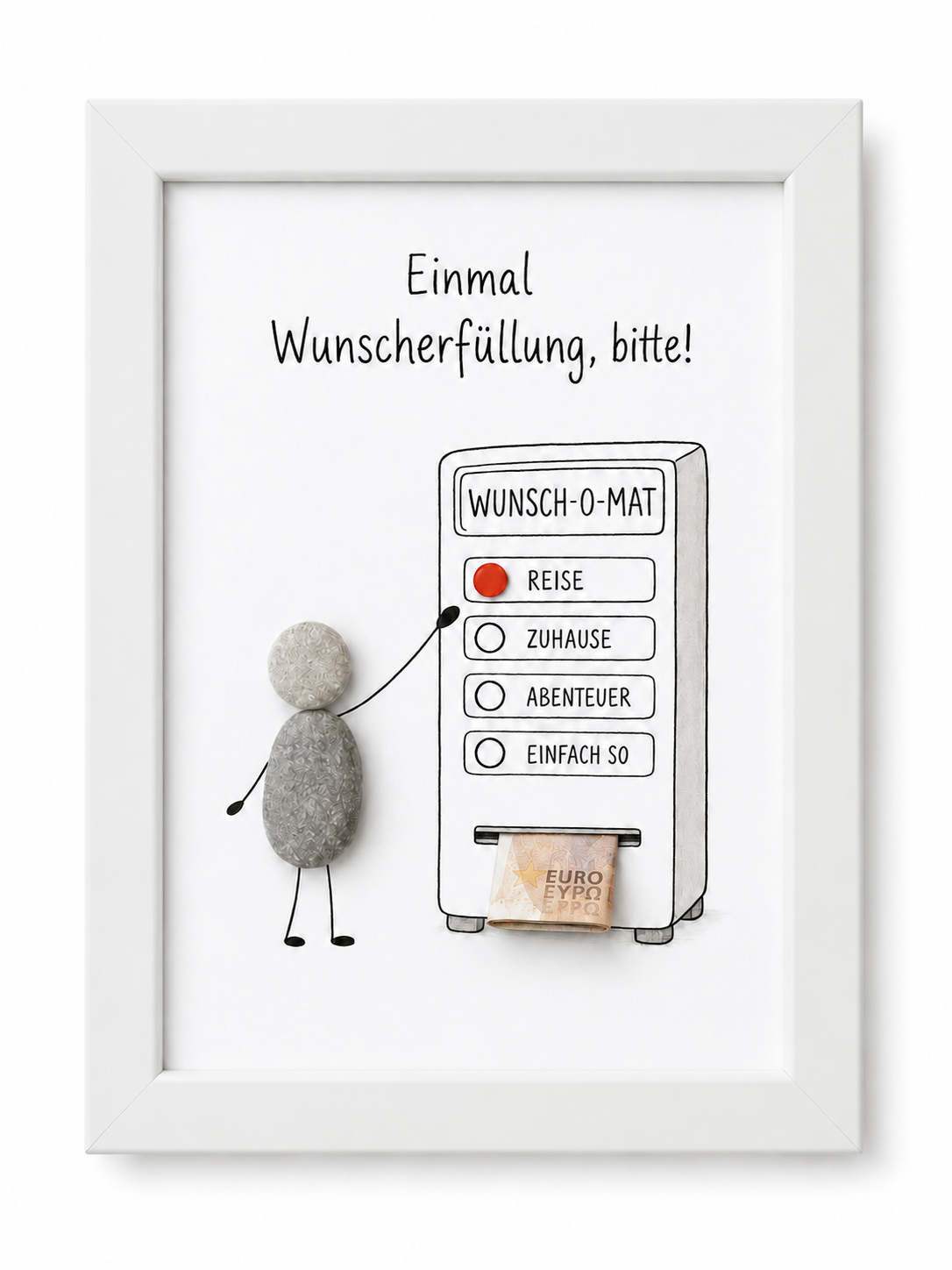 Kieselsteinbild Einmal Wunscherfüllung bitte – Geldgeschenk, handgemachtes Steinbild