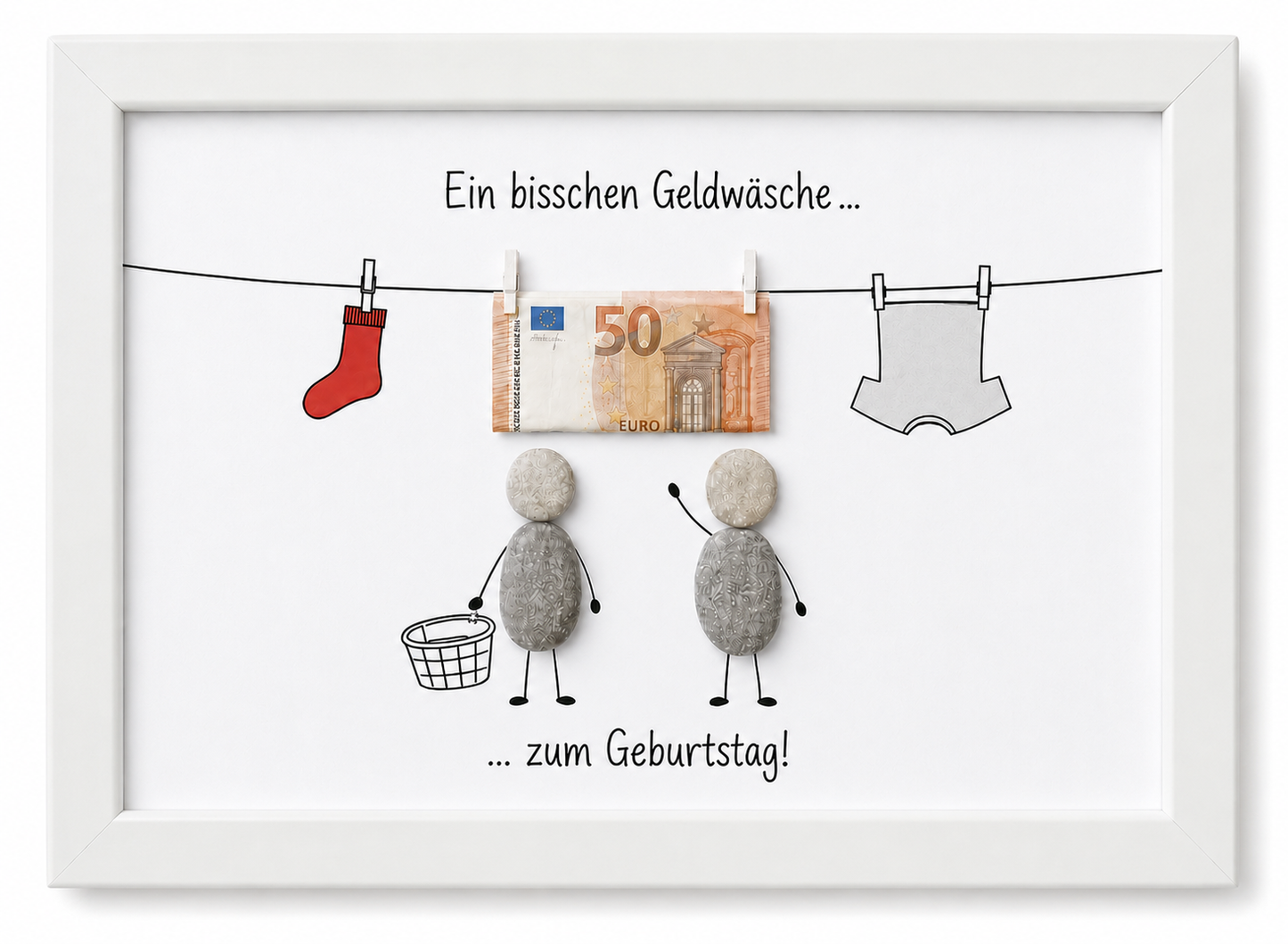 Kieselsteinbild Ein bisschen Geldwäsche zum Geburtstag – Geldgeschenk, handgemachtes Steinbild
