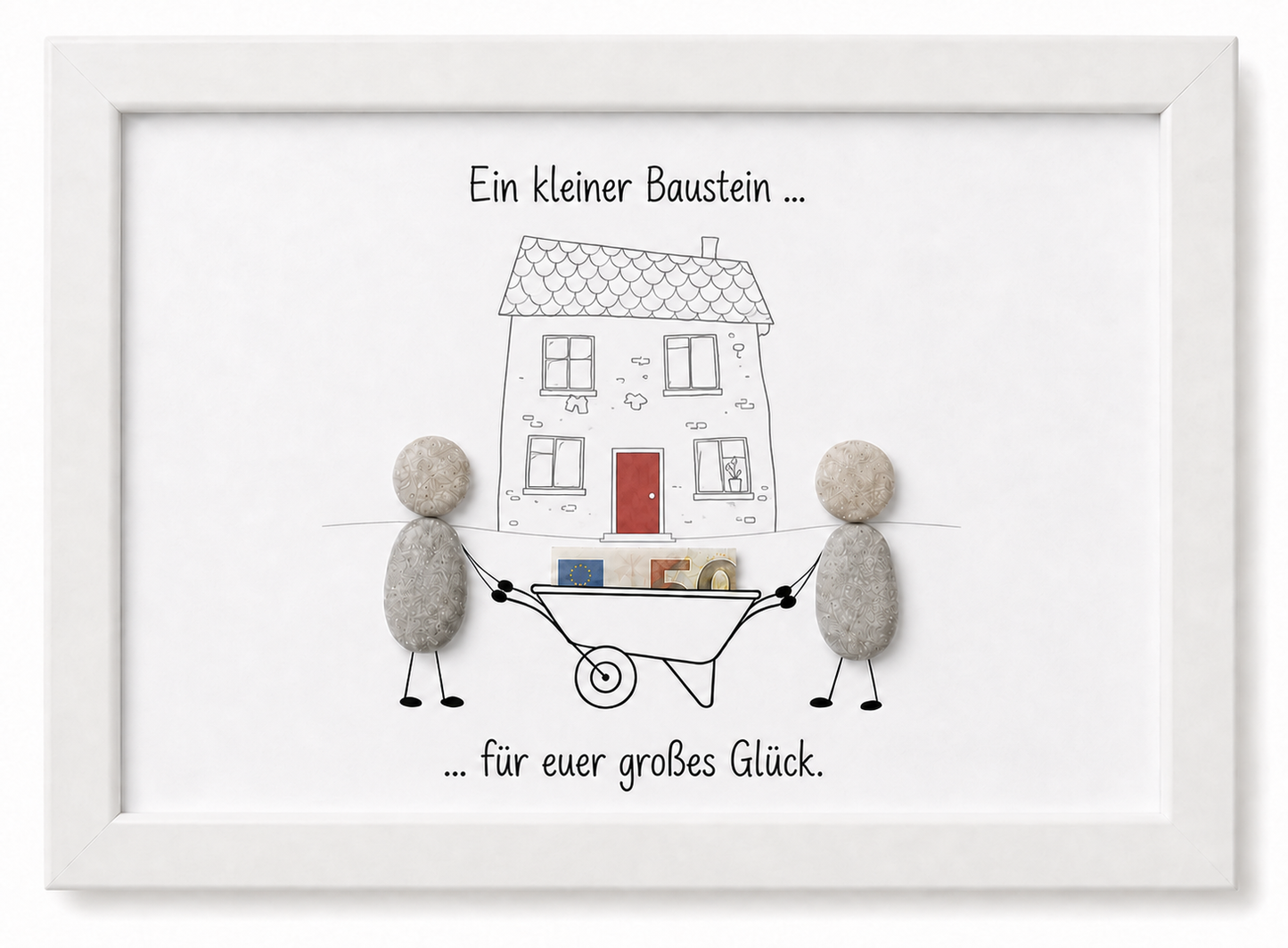 Kieselsteinbild Ein kleiner Baustein für euer großes Glück – Geldgeschenk Hauskauf, handgemachtes Steinbild