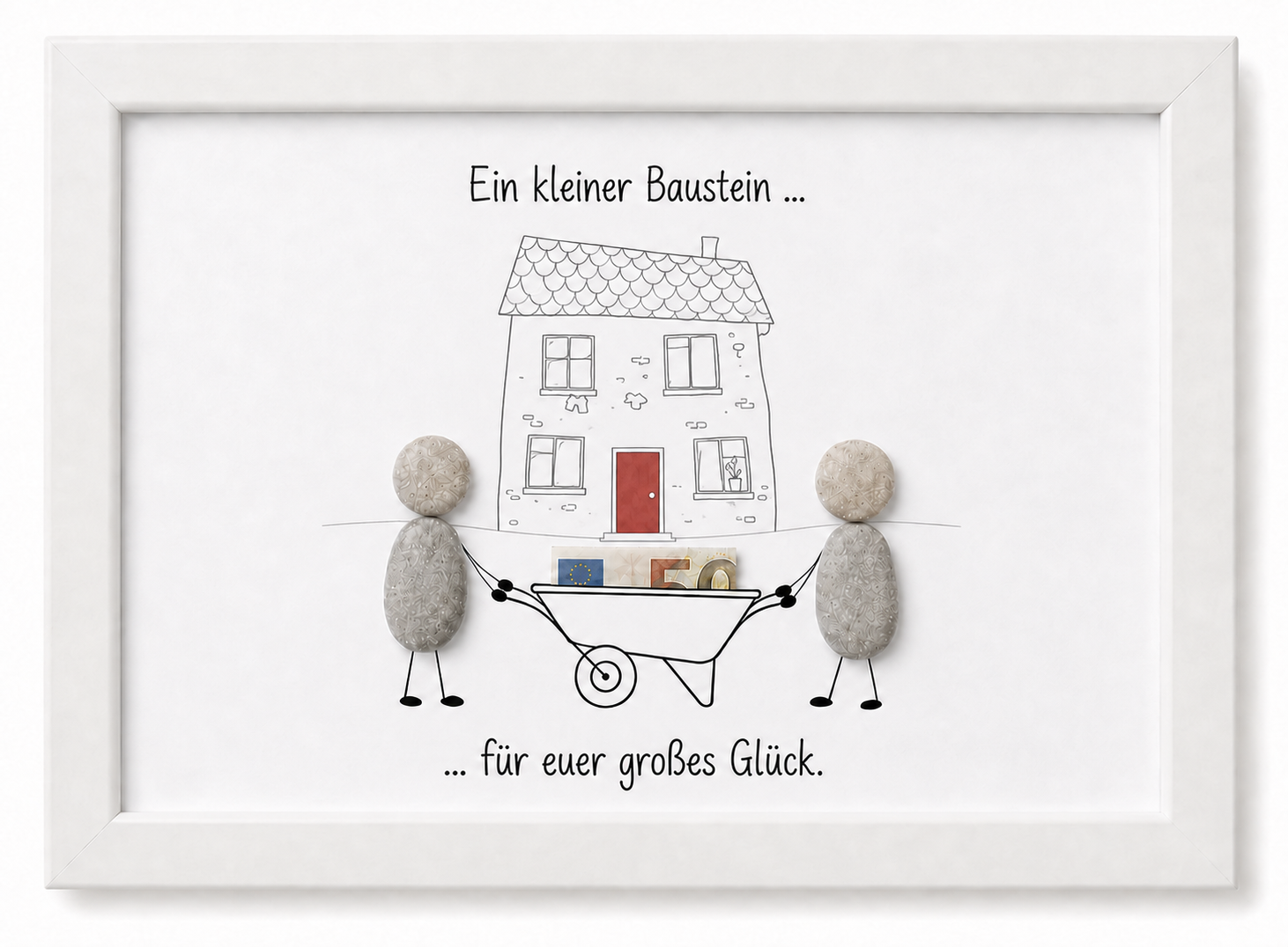 Kieselsteinbild Ein kleiner Baustein für euer großes Glück – Geldgeschenk Hauskauf, handgemachtes Steinbild