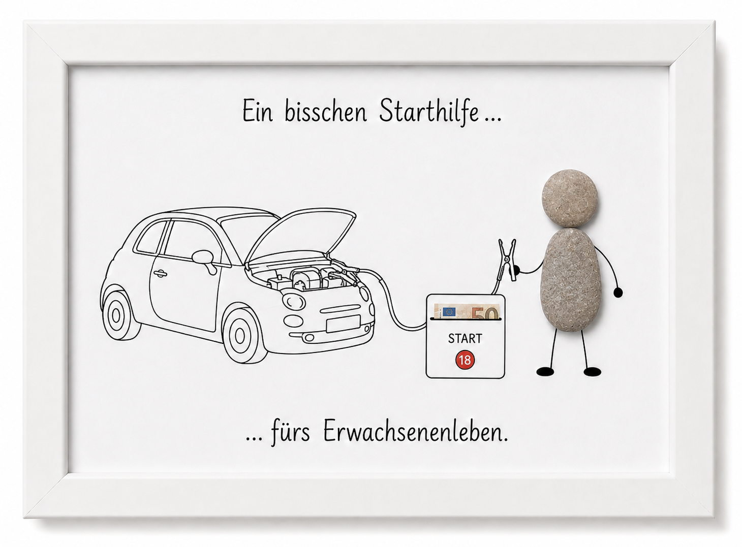 Kieselsteinbild Ein bisschen Starthilfe fürs Erwachsenenleben – Geldgeschenk 18. Geburtstag, handgemachtes Steinbild