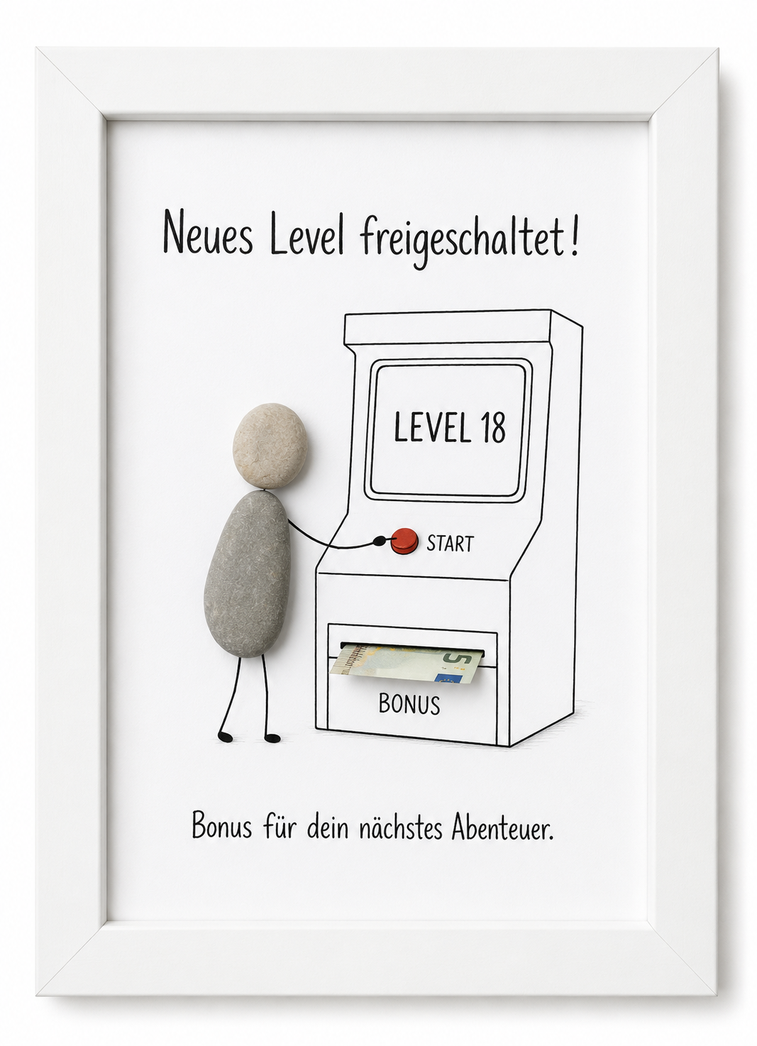 Kieselsteinbild Neues Level freigeschaltet – Geldgeschenk 18. Geburtstag, handgemachtes Steinbild