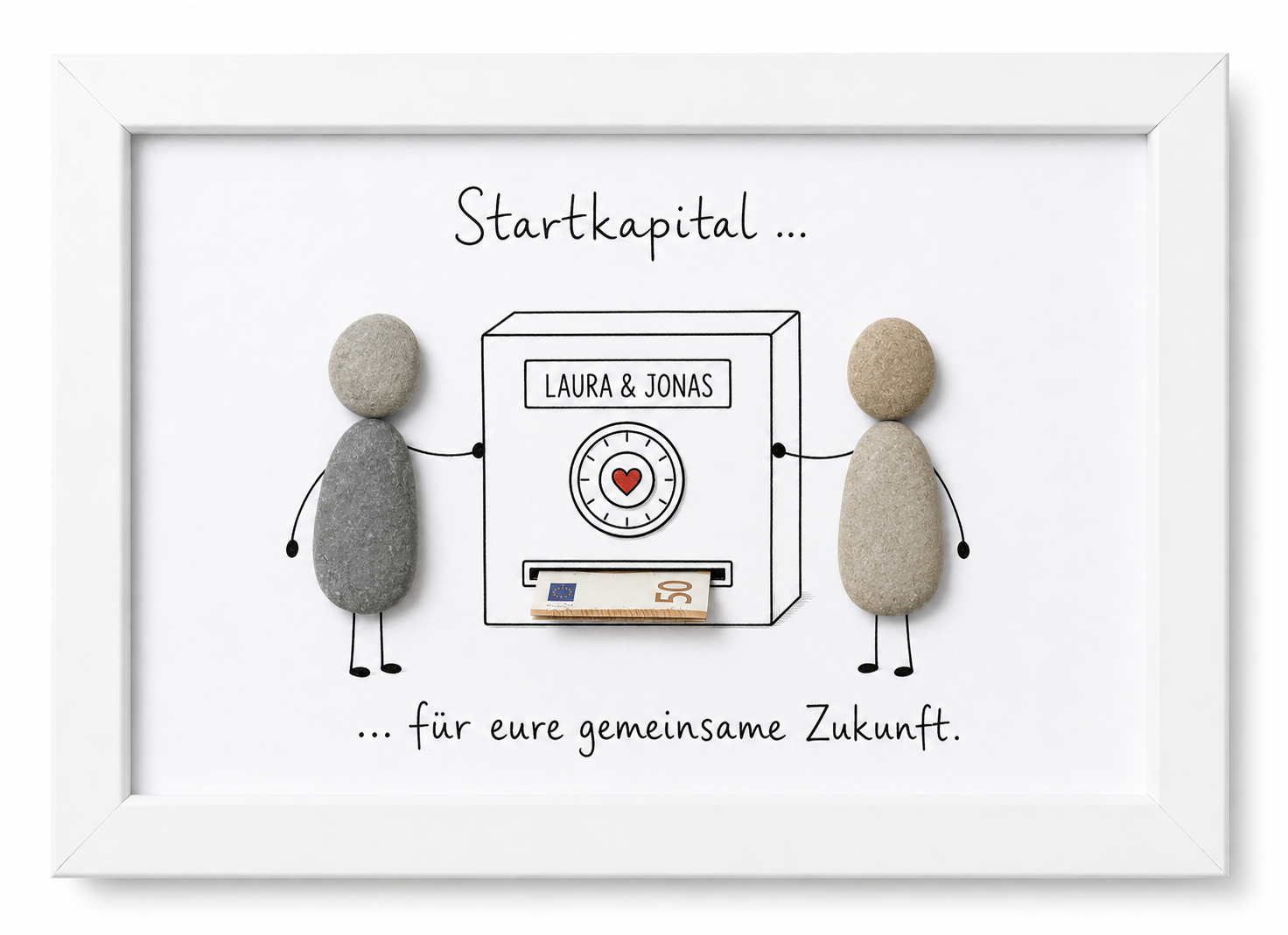 Kieselsteinbild Startkapital für eure gemeinsame Zukunft – Geldgeschenk Hochzeit personalisiert, handgemachtes Steinbild