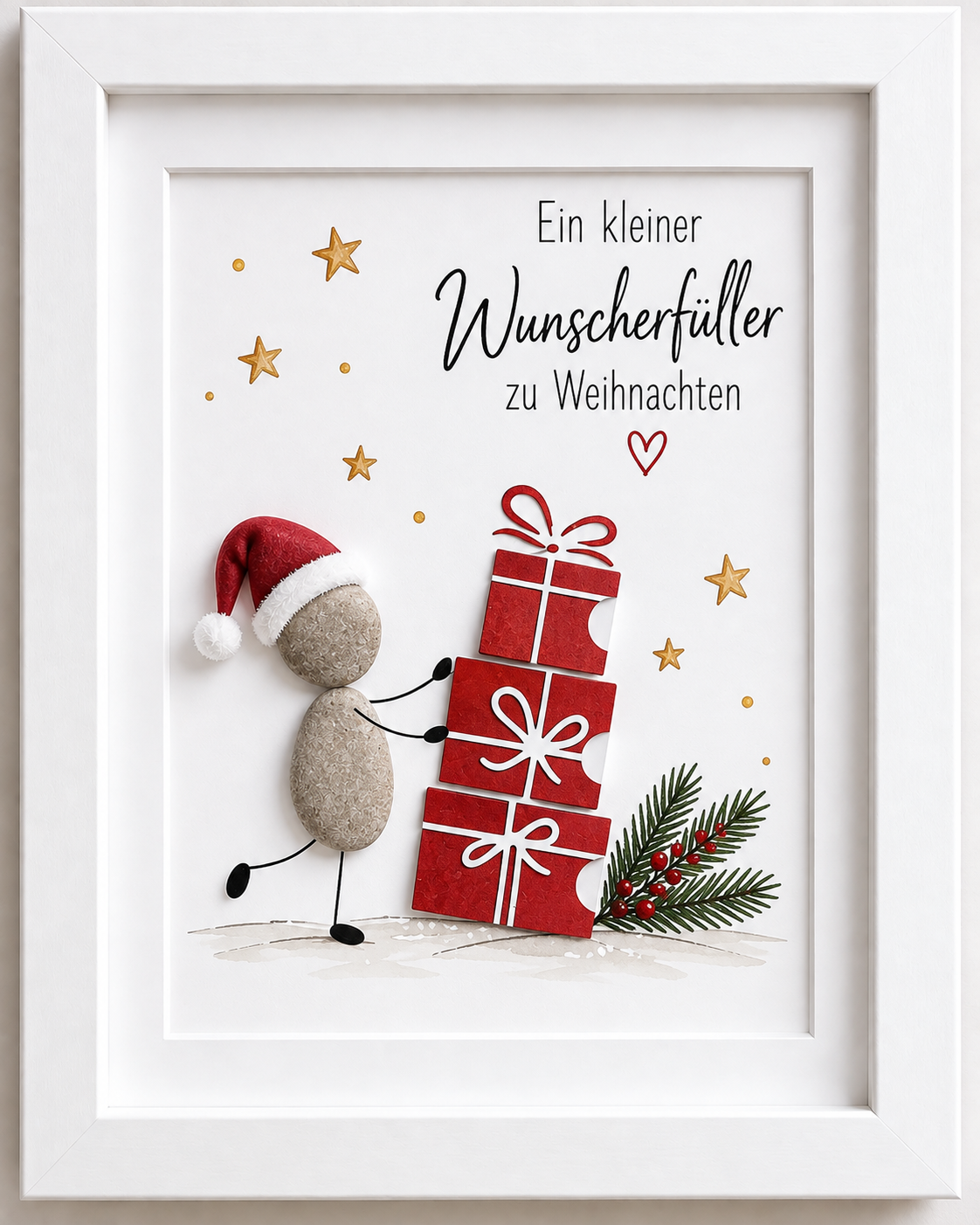 Kieselsteinbild Weihnachtsmann mit Geschenkestapel „Ein kleiner Wunscherfüller zu Weihnachten" – Geldgeschenk Weihnachten, handgemachtes Steinbild