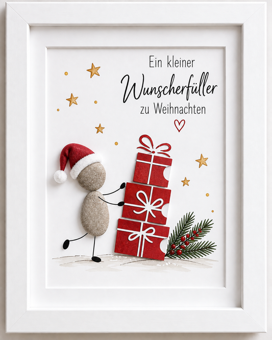 Kieselsteinbild Weihnachtsmann mit Geschenkestapel „Ein kleiner Wunscherfüller zu Weihnachten" – Geldgeschenk Weihnachten, handgemachtes Steinbild