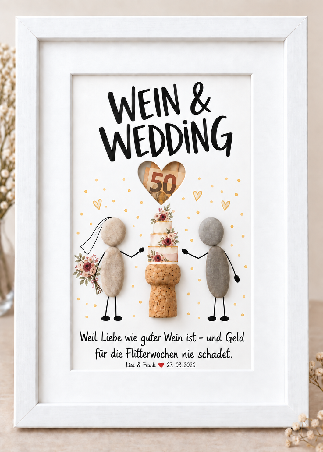 Geldgeschenk-Steinbild „Wein & Wedding“ mit Herz-Geldschein-Aussparung – personalisierbares Hochzeitsgeschenk