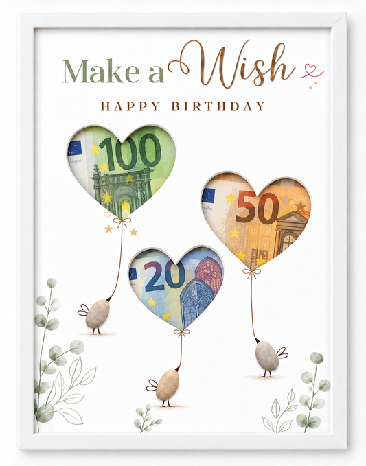 Geldgeschenk-Steinbild „Make a Wish – Happy Birthday“ mit drei Herz-Geldschein-Aussparungen – Geburtstagsgeschenk