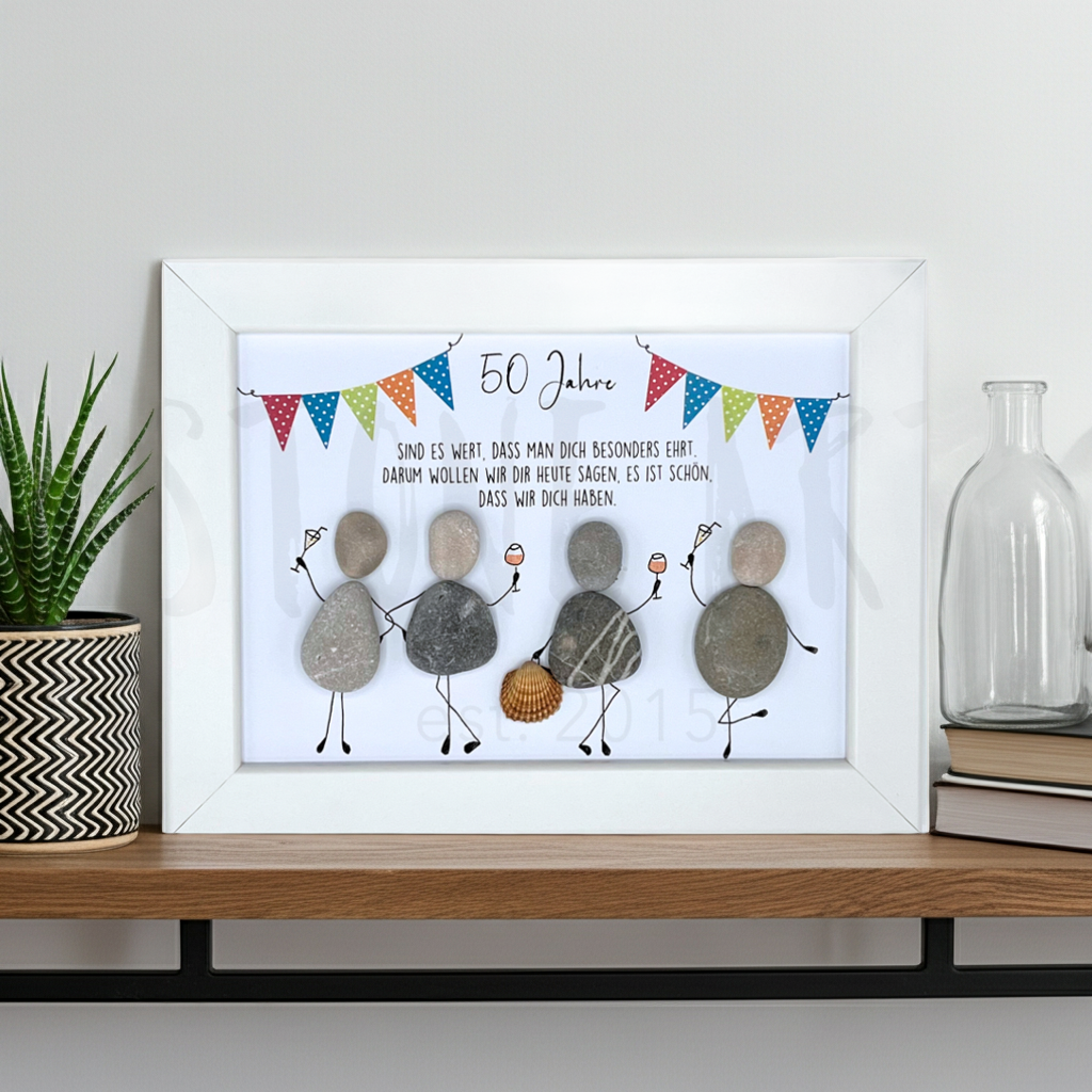 Steinbild 50 Geburtstag – handgemachtes Geschenk mit Kieselsteinen, Schriftzug 50 Jahre sind es wert