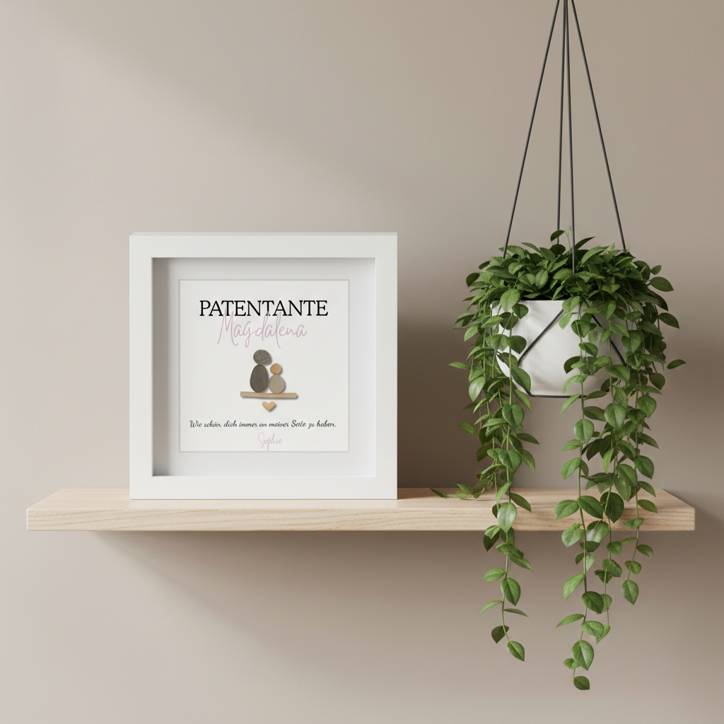 Minimalistisches Steinbild aus Naturkieseln als Geschenk für Patenonkel oder Patentante zur Taufe im Wohnraum