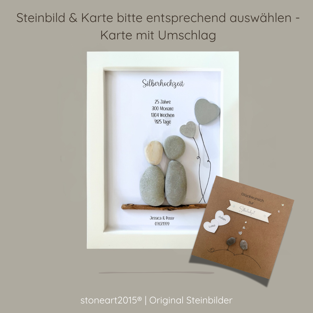 Steinbild zur Silberhochzeit mit Paar und silbernen Herzballons optional mit passender Karte