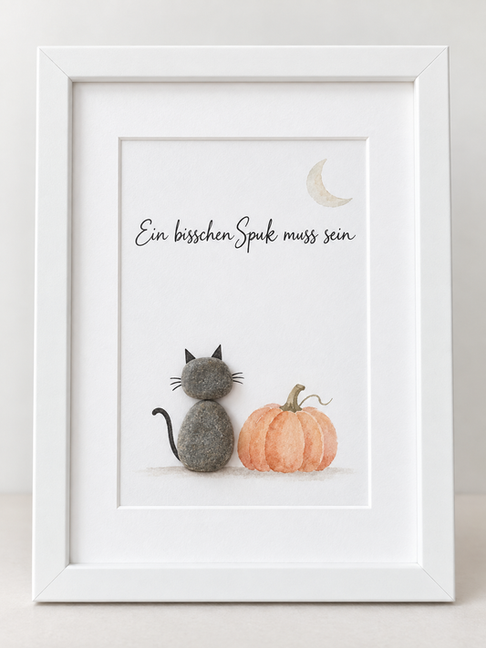Kieselsteinbild Katze mit Kürbis und Spruch Ein bisschen Spuk muss sein – Halloweengeschenk, handgemachtes Steinbild