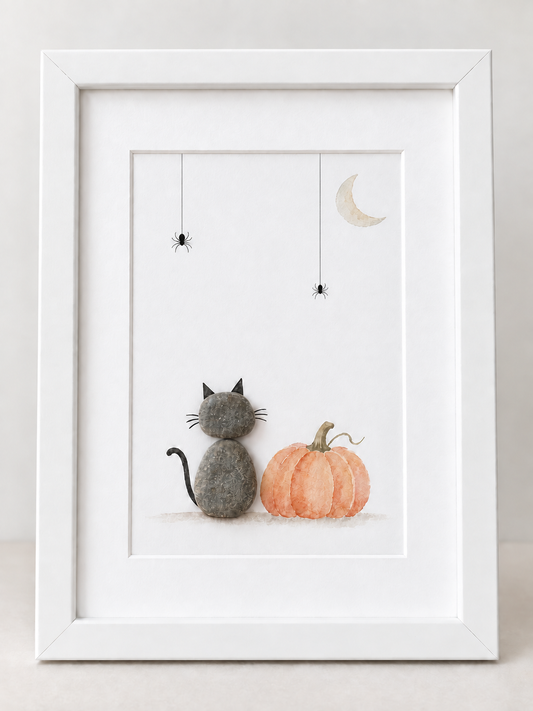 Kieselsteinbild Katze mit Kürbis, Spinnen und Mond – Halloweendeko, handgemachtes Steinbild