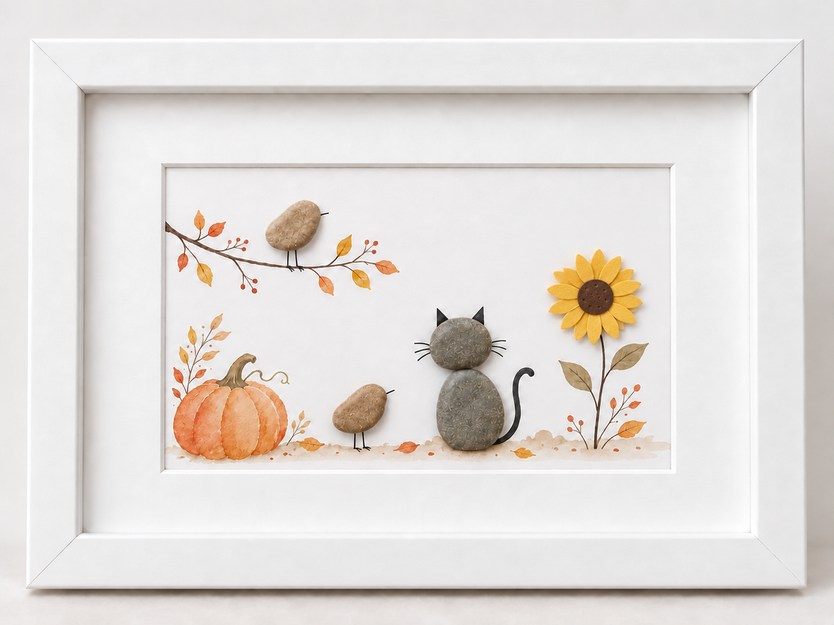 Kieselsteinbild Katze im Herbstgarten mit Kürbis, Vögeln und Sonnenblume – Herbstdeko, handgemachtes Steinbild