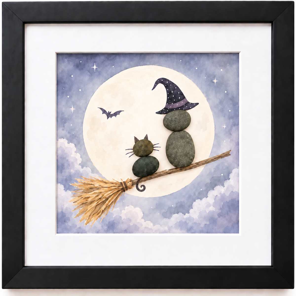 Kieselsteinbild Hexe und Katze vor Vollmond mit Fledermaus – Halloween-Deko, handgemachtes Steinbild