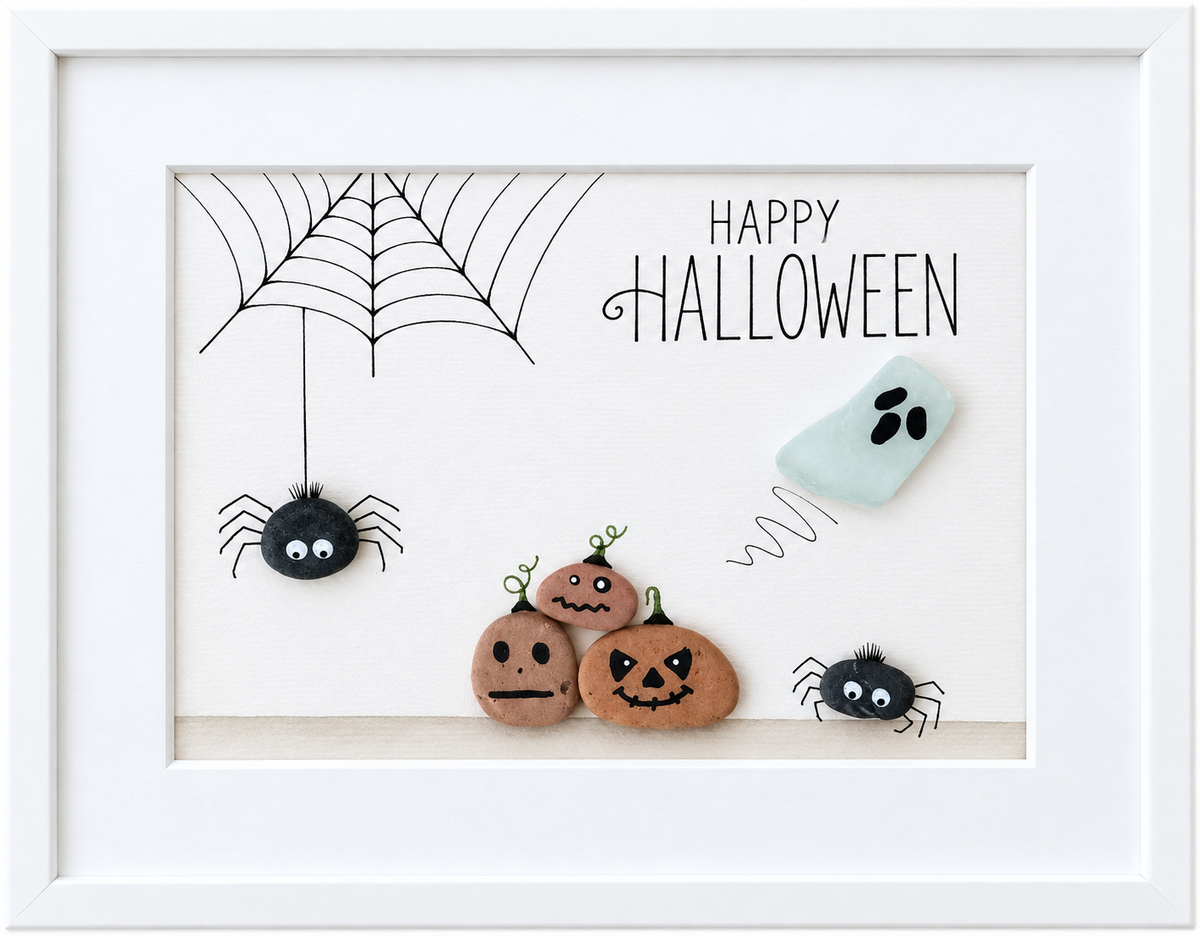 Kieselsteinbild Spinne, Kürbisfamilie und Happy Halloween Schriftzug – Halloween-Deko, handgemachtes Steinbild