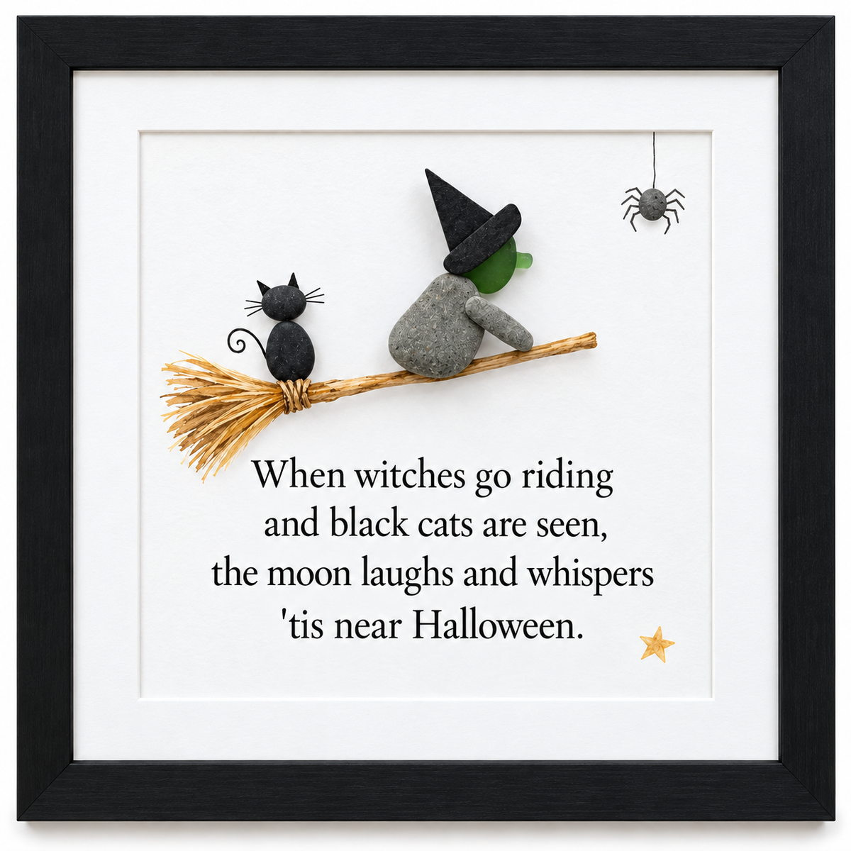 Kieselsteinbild Hexe und Katze auf Besen mit Halloween-Gedicht – Halloween-Deko, handgemachtes Steinbild