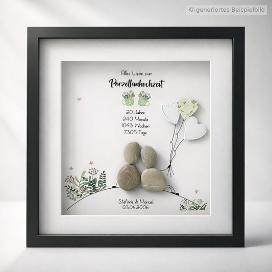 Kieselsteinbild Porzellanhochzeit – Geschenk zum 20. Hochzeitstag, handgemachtes Steinbild